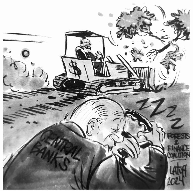 A drawing of two bulldozers: one is uprooting a tree, and in the other the driver is asleep on the wheel.